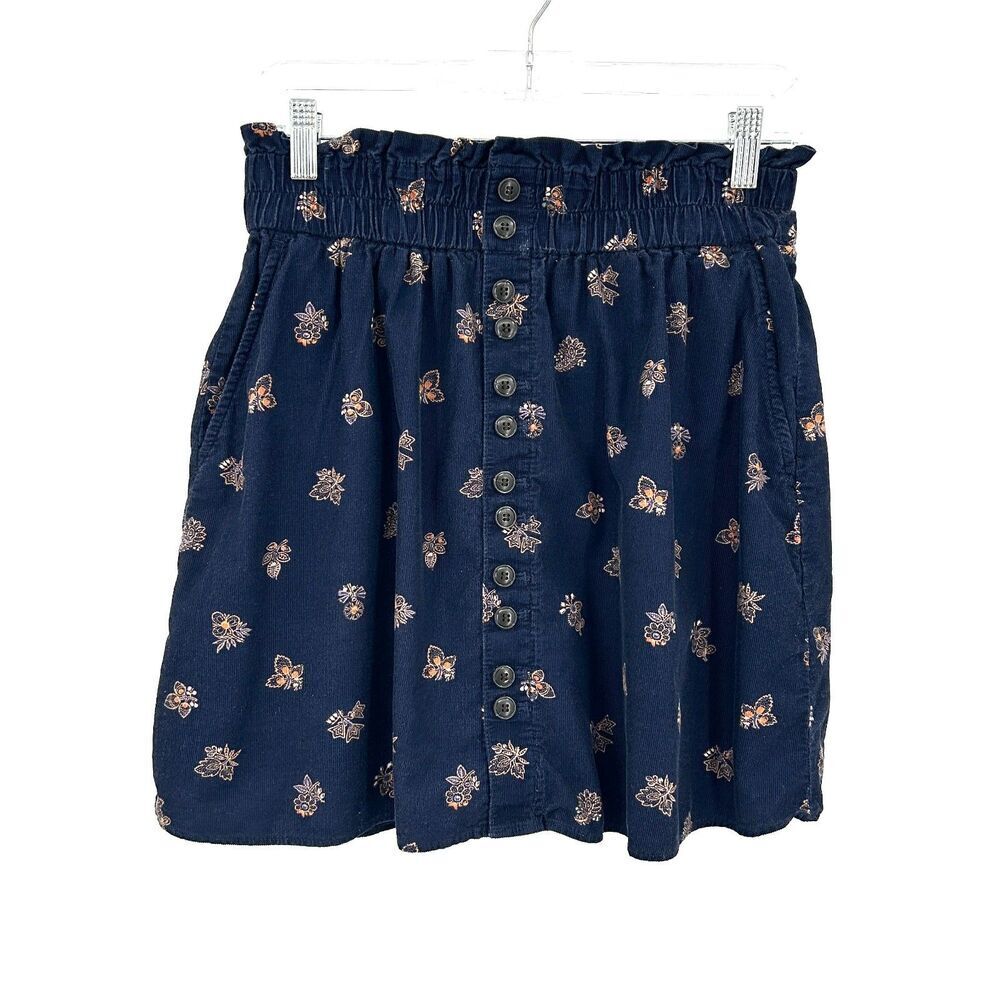MADEWELL Navy Blue Floral Baby Corduroy Paperbag Button Front Mini Skirt Small